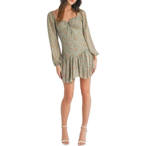Lush Women’s Floral Long Sleeve Drop Waist Mini Dress in the Size Small in Sage - Picture 1 of 7